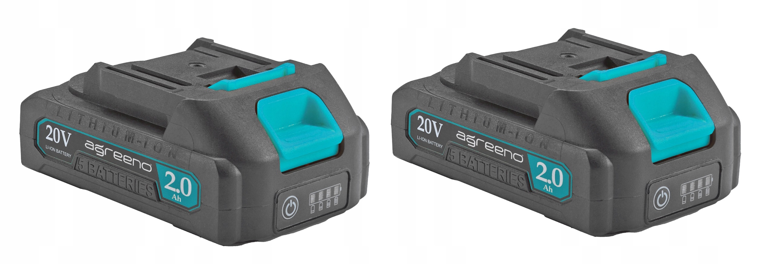 Dwa akumulatory litowo-jonowe 20V marki Agreeno, każdy o pojemności 2.0 Ah. Akumulatory są w kolorze szarym z turkusowymi elementami i posiadają wskaźnik naładowania.